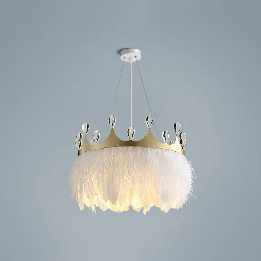 Minimalist Feather Crown Pendant Light With Crystal Deco White / 14’