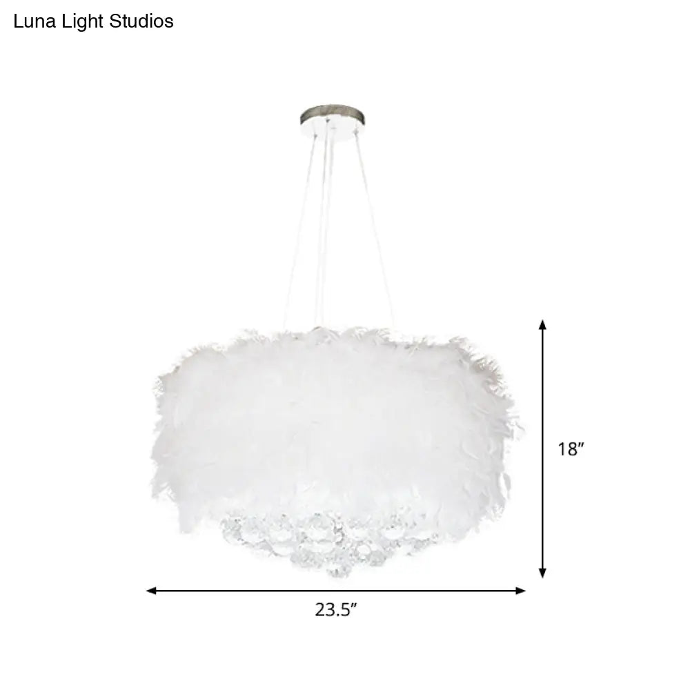 Minimalist Feather Drum Bedroom Pendant Chandelier Light In White With Crystal Orb - 3/9/11-Bulb