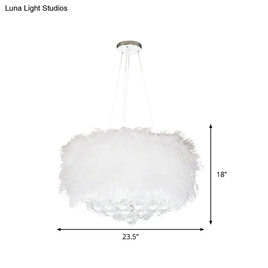 Minimalist Feather Drum Bedroom Pendant Chandelier Light In White With Crystal Orb - 3/9/11-Bulb