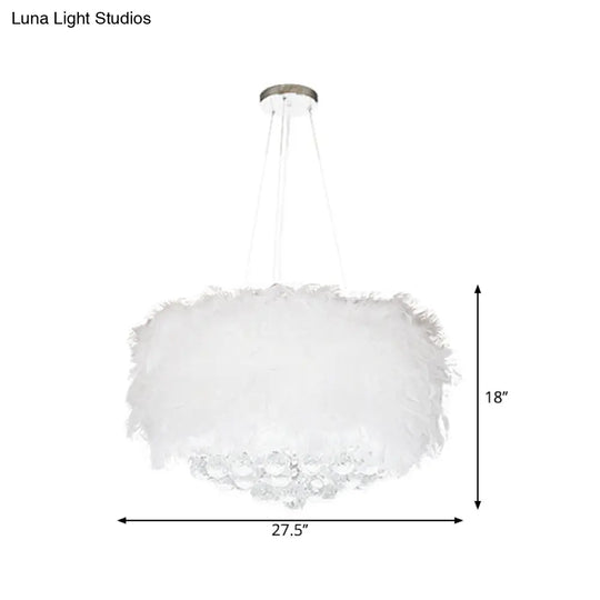 Minimalist Feather Drum Bedroom Pendant Chandelier Light In White With Crystal Orb - 3/9/11-Bulb