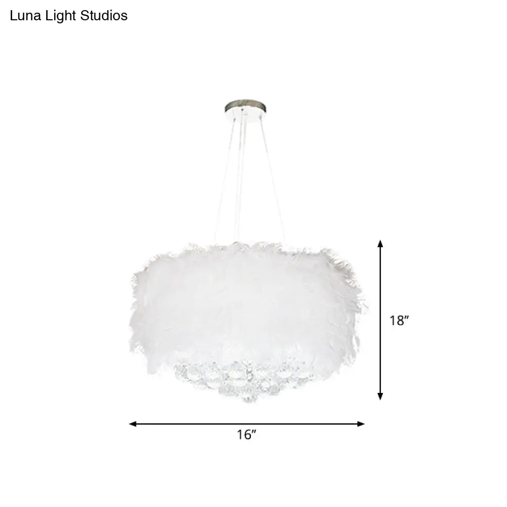 Minimalist Feather Drum Bedroom Pendant Chandelier Light In White With Crystal Orb - 3/9/11-Bulb