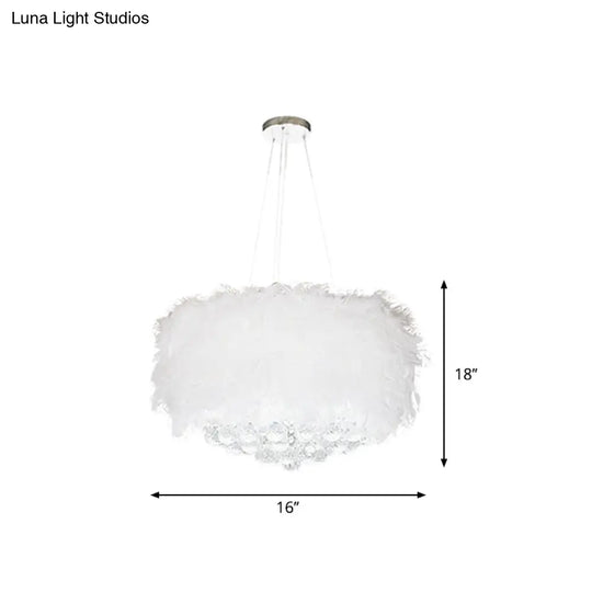 Minimalist Feather Drum Bedroom Pendant Chandelier Light In White With Crystal Orb - 3/9/11-Bulb