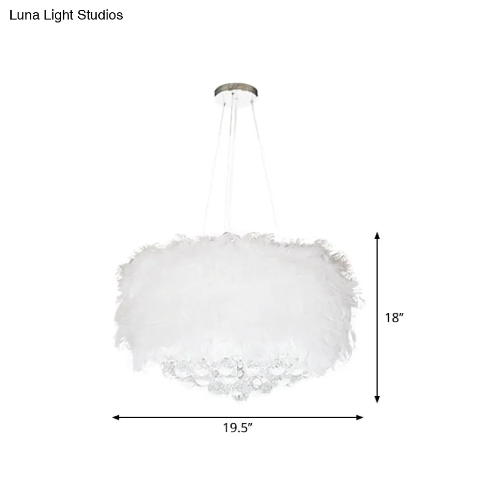 Minimalist Feather Drum Bedroom Pendant Chandelier Light In White With Crystal Orb - 3/9/11-Bulb