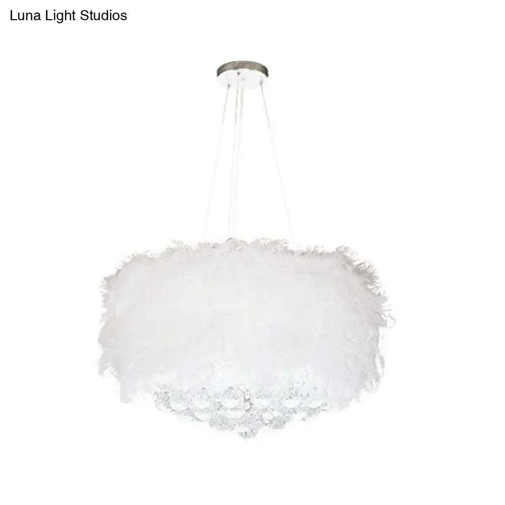 Minimalist Feather Drum Bedroom Pendant Chandelier Light In White With Crystal Orb - 3/9/11-Bulb