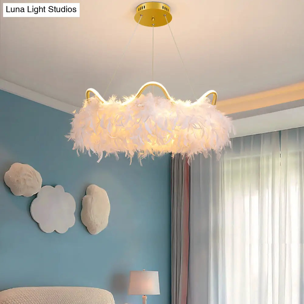 Minimalist Feather White Crown Led Chandelier - Ideal For Kids Bedroom Hanging Light