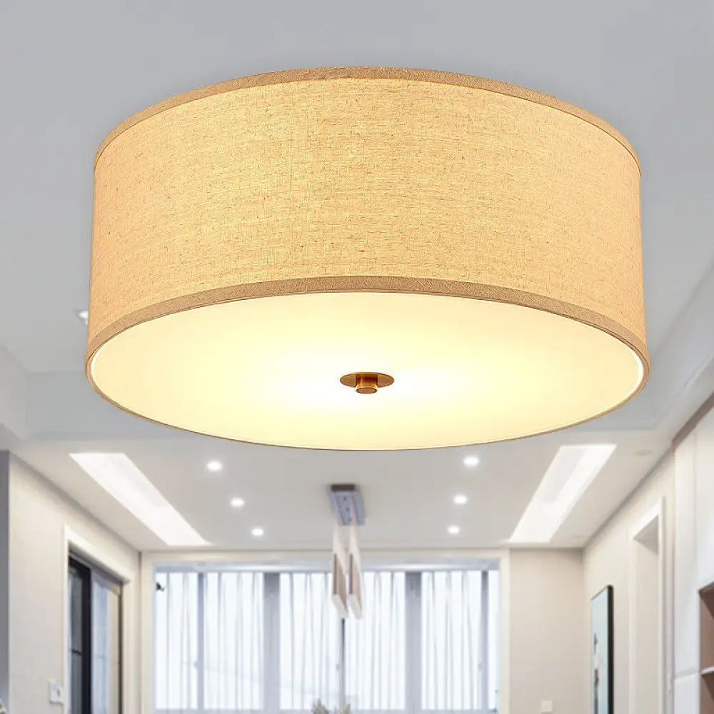 Minimalist Flaxen Ceiling Lamp With Drum Fabric Shade - Perfect For Dining Rooms