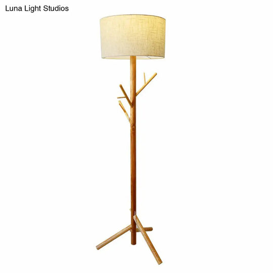 Minimalist Flaxen Drum Stand Up Lamp - Wooden Tripod 1-Light Fabric Floor Light With Coat Rack