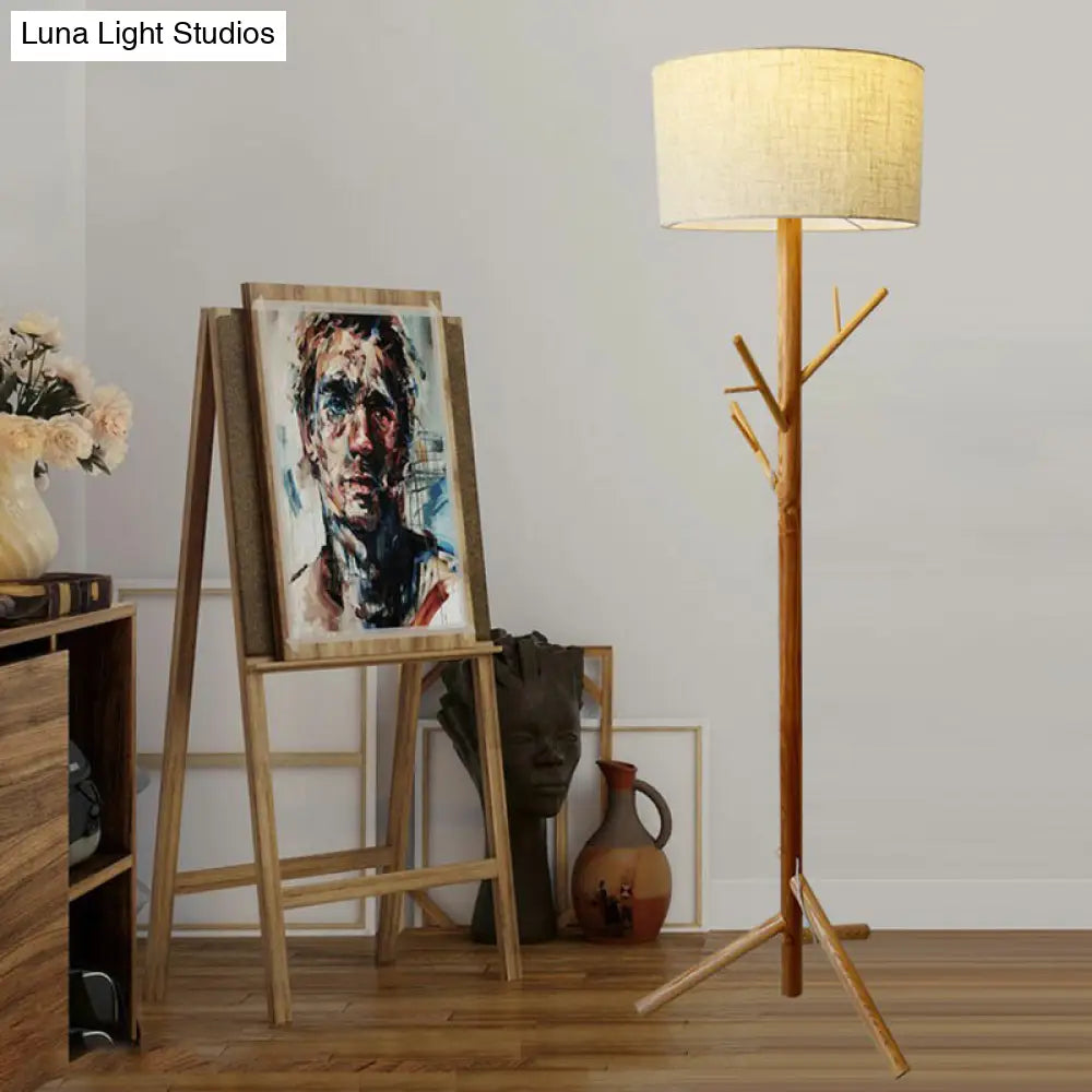 Minimalist Flaxen Drum Stand Up Lamp - Wooden Tripod 1-Light Fabric Floor Light With Coat Rack