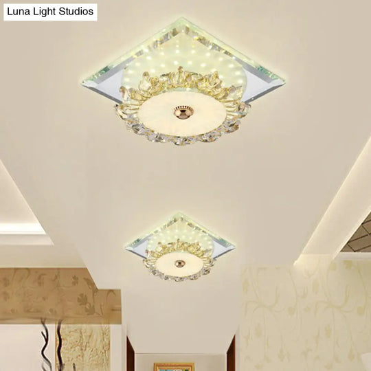 Minimalist Floral Crystal Led Flush Mount For Foyer Lighting Clear / White Square Plate