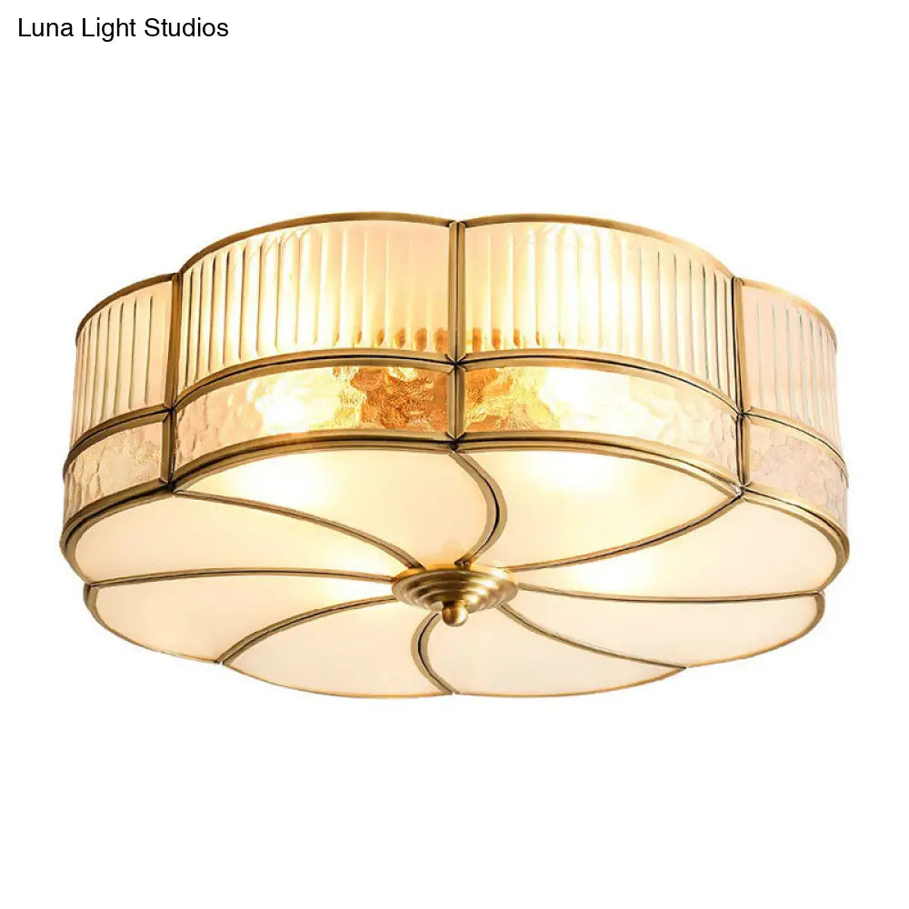 Minimalist Flower Shaped Glass Ceiling Light Fixture - Ribbed With Brass Accents Flush Mount