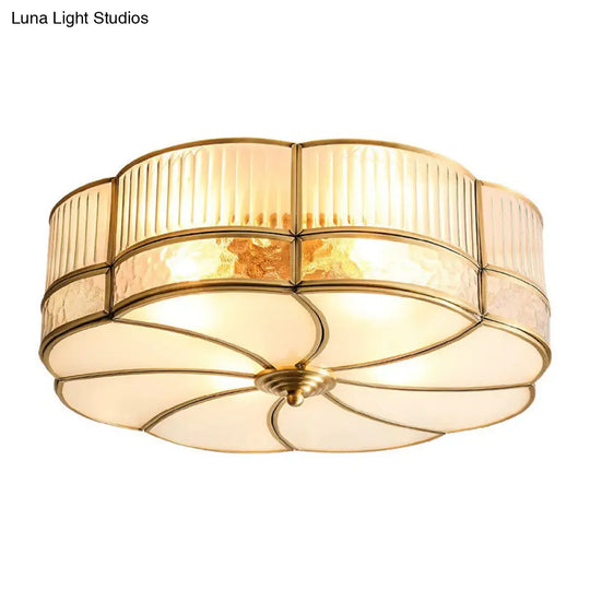 Minimalist Flower Shaped Glass Ceiling Light Fixture - Ribbed With Brass Accents Flush Mount