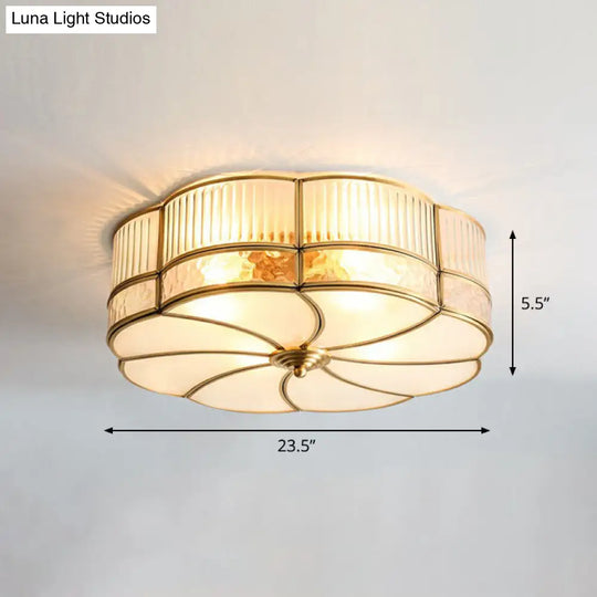 Minimalist Flower Shaped Glass Ceiling Light Fixture - Ribbed With Brass Accents Flush Mount