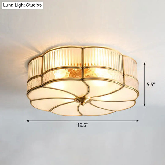 Minimalist Flower Shaped Glass Ceiling Light Fixture - Ribbed With Brass Accents Flush Mount 5 /