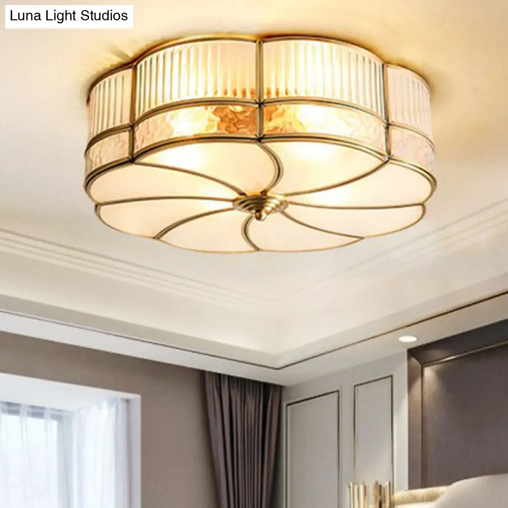 Minimalist Flower Shaped Glass Ceiling Light Fixture - Ribbed With Brass Accents Flush Mount