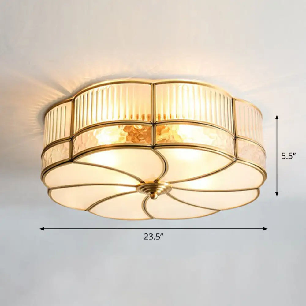 Minimalist Flower Shaped Glass Ceiling Light Fixture - Ribbed With Brass Accents Flush Mount 6 /