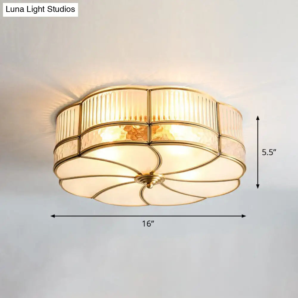 Minimalist Flower Shaped Glass Ceiling Light Fixture - Ribbed With Brass Accents Flush Mount 4 /