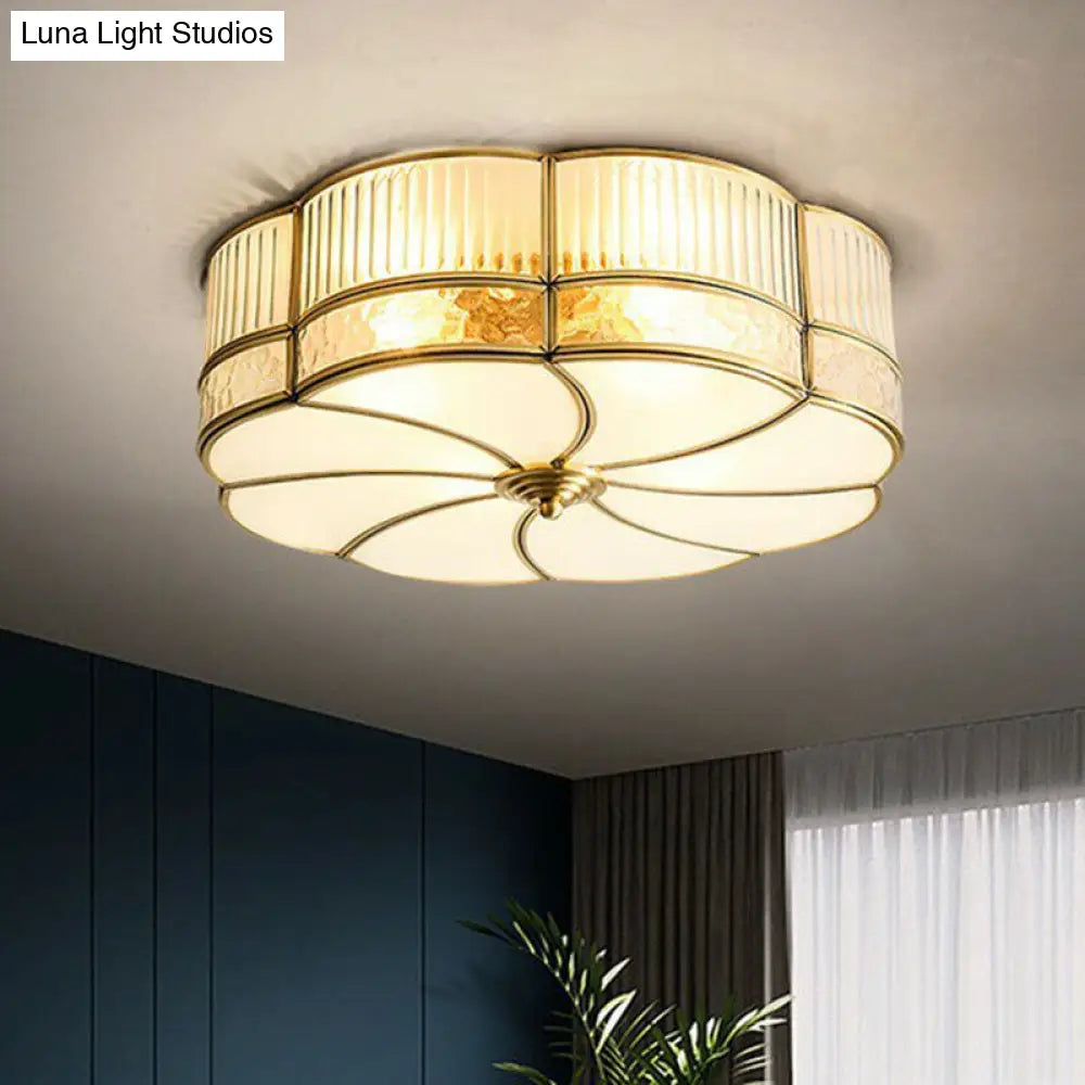 Minimalist Flower Shaped Glass Ceiling Light Fixture - Ribbed With Brass Accents Flush Mount