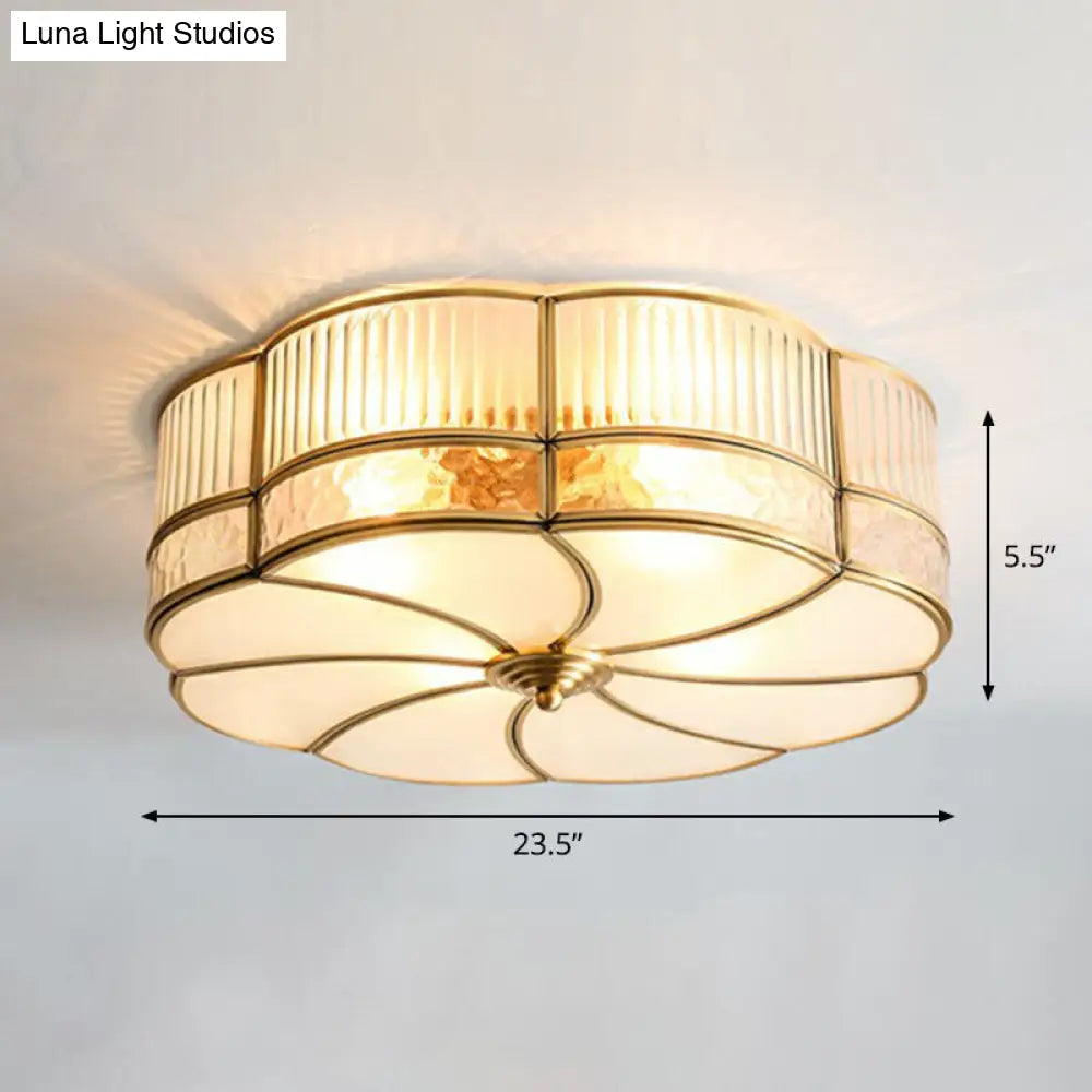 Minimalist Flower Shaped Glass Ceiling Light Fixture - Ribbed With Brass Accents Flush Mount 6 /