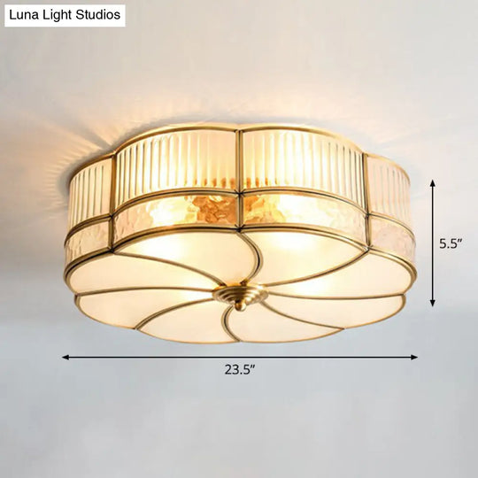 Minimalist Flower Shaped Glass Ceiling Light Fixture - Ribbed With Brass Accents Flush Mount 6 /