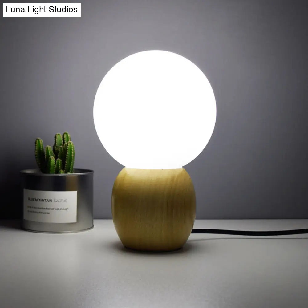 Minimalist Frosted Glass Bedside Table Lamp With Wooden Base - Orb Design