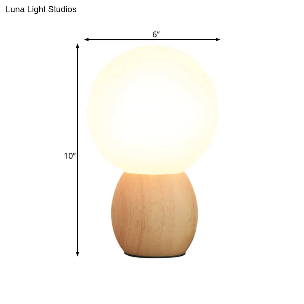 Minimalist Frosted Glass Bedside Table Lamp With Wooden Base - Orb Design