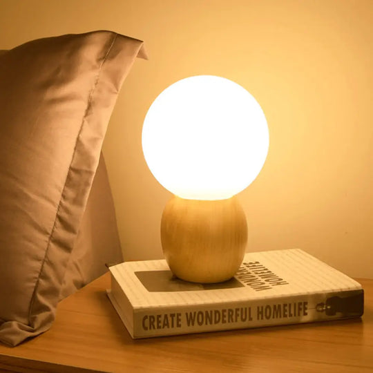 Minimalist Frosted Glass Bedside Table Lamp With Wooden Base - Orb Design Wood