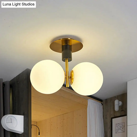 Minimalist Frosted Glass Spherical Flush Mount Lighting In Gold - Bedroom Ceiling Fixture