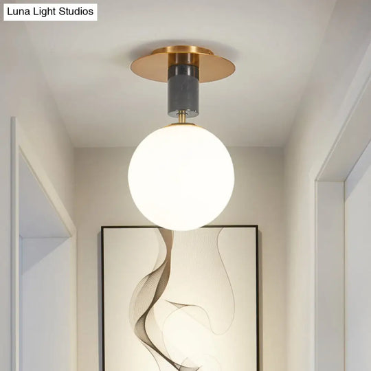 Minimalist Frosted Glass Spherical Flush Mount Lighting In Gold - Bedroom Ceiling Fixture