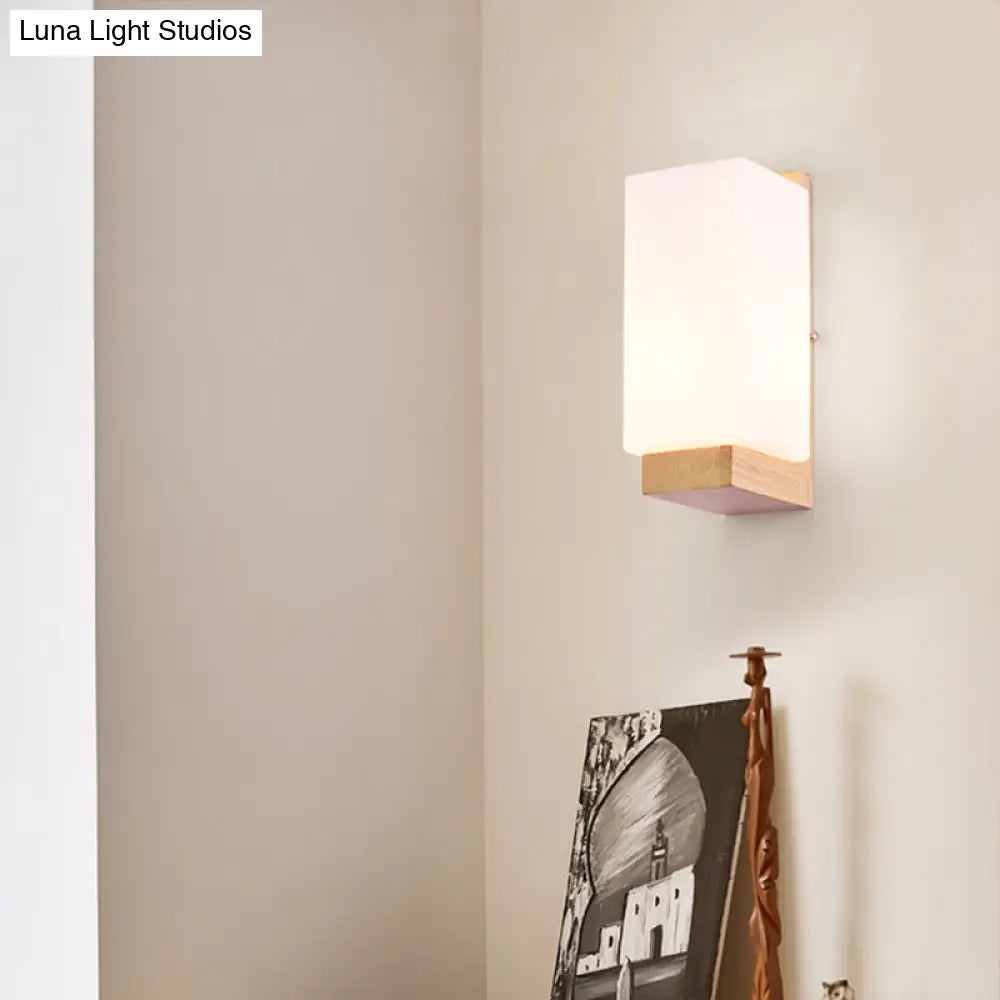 Minimalist Geometric Stairs Wall Sconce - Cream Glass Single Flush Light In Wood