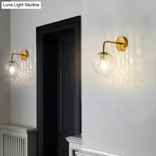 Minimalist Glass Ball Wall Lamp With Ripple Effect And Bent Arm In Black/Gold - Ideal For Bedroom