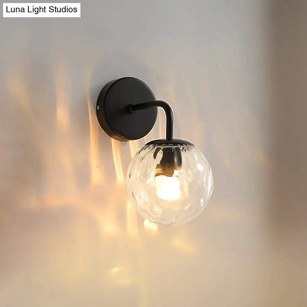 Minimalist Glass Ball Wall Lamp With Ripple Effect And Bent Arm In Black/Gold - Ideal For Bedroom