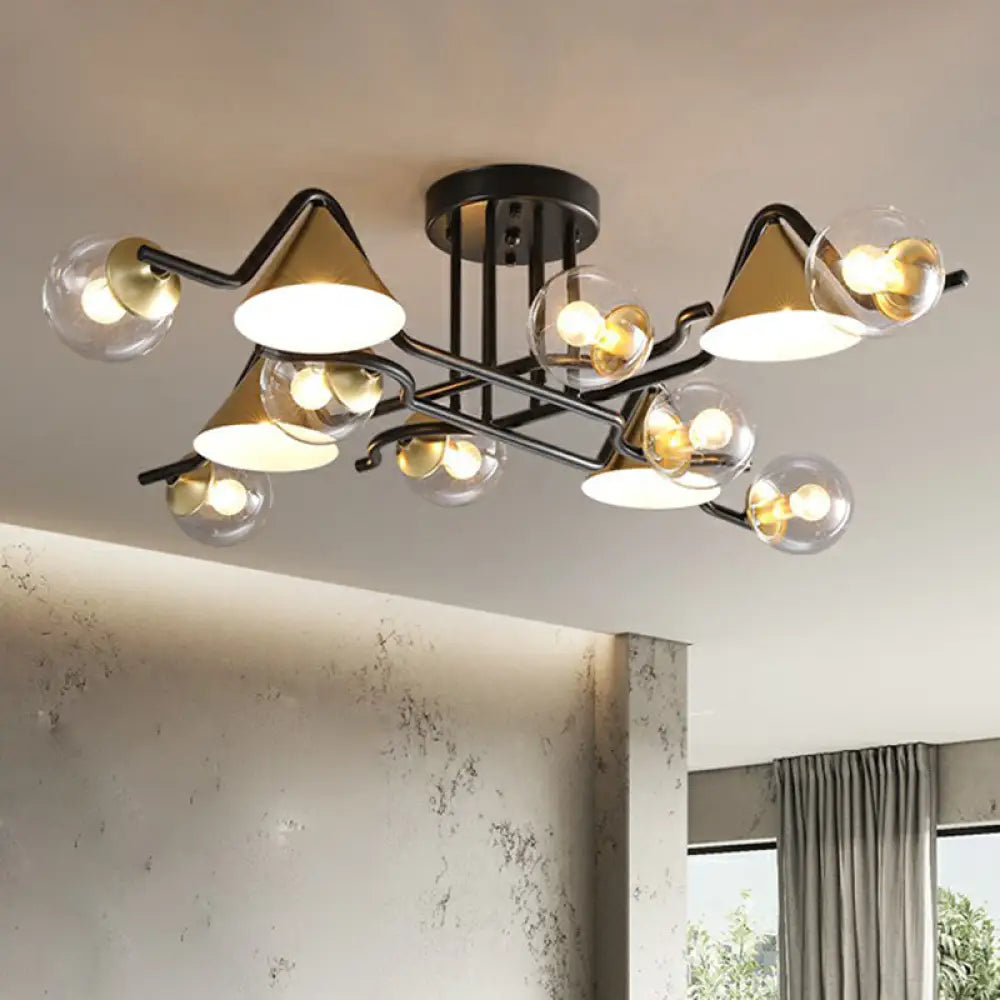 Minimalist Glass Semi Flush Ceiling Light - Cone And Ball Shaped Black - Brass Finish 12 / Clear
