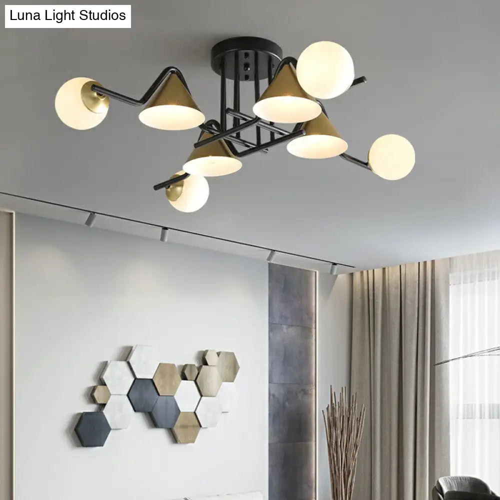 Minimalist Glass Semi Flush Ceiling Light - Cone And Ball Shaped Black-Brass Finish 8 / Cream