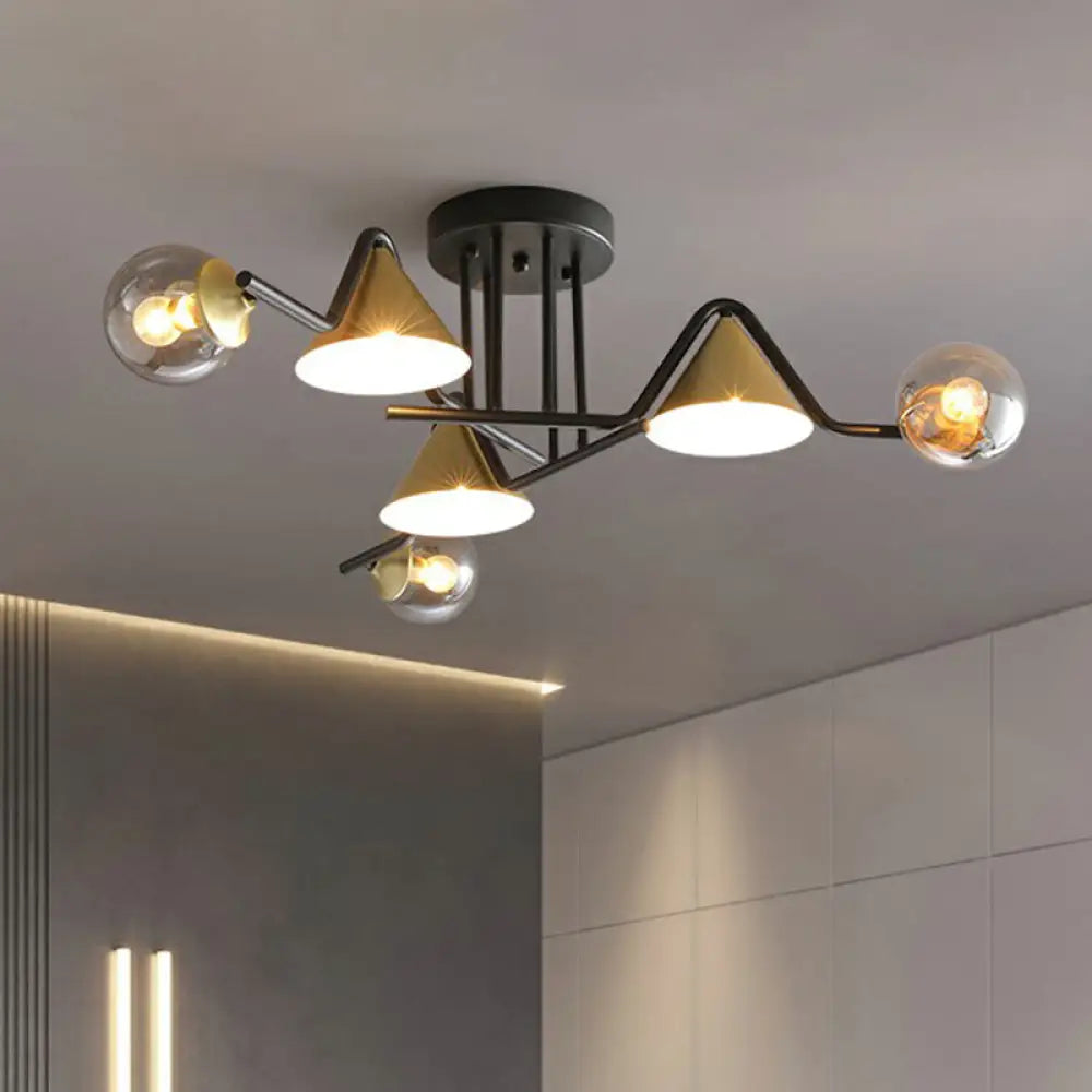 Minimalist Glass Semi Flush Ceiling Light - Cone And Ball Shaped Black - Brass Finish 6 / Clear