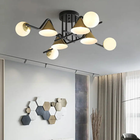 Minimalist Glass Semi Flush Ceiling Light - Cone And Ball Shaped Black - Brass Finish 8 / Cream