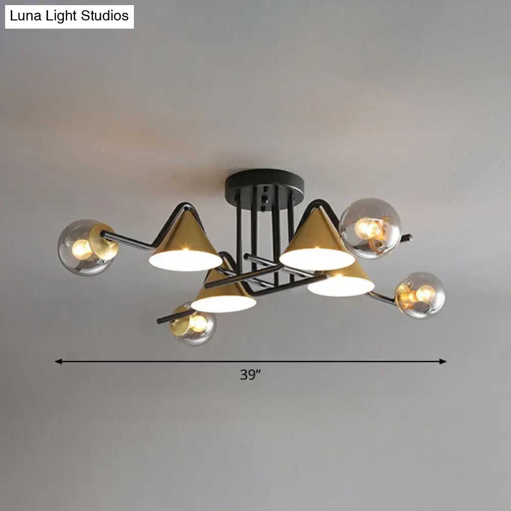 Minimalist Glass Semi Flush Ceiling Light - Cone And Ball Shaped Black-Brass Finish 8 / Smoke Gray