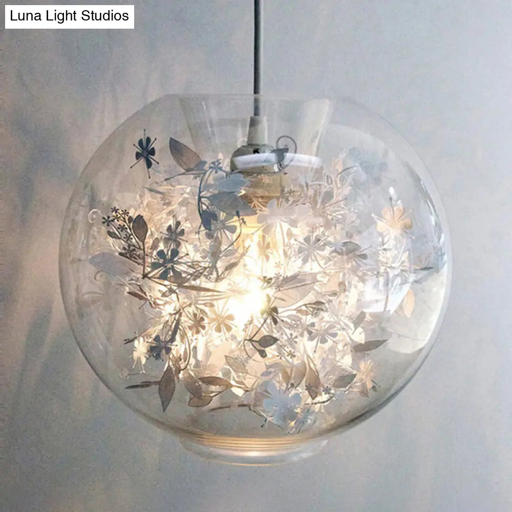 Minimalist Glass Pendant Light With Scattered Flower Deco - Global Design 1 Bulb Ceiling Suspension