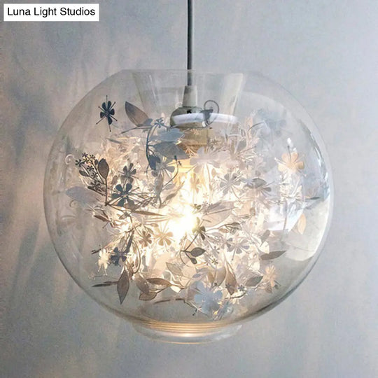 Minimalist Glass Pendant Light With Scattered Flower Deco - Global Design 1 Bulb Ceiling Suspension