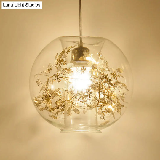 Minimalist Glass Pendant Light With Scattered Flower Deco - Global Design 1 Bulb Ceiling Suspension