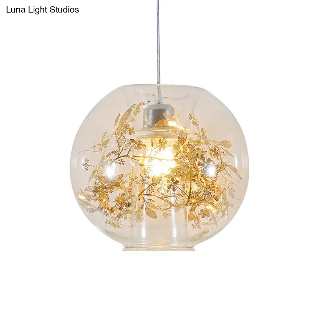 Minimalist Glass Pendant Light With Scattered Flower Deco - Global Design 1 Bulb Ceiling Suspension