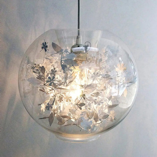 Minimalist Glass Suspension Light With Scattered Flower Deco - Global Ceiling Pendant Silver