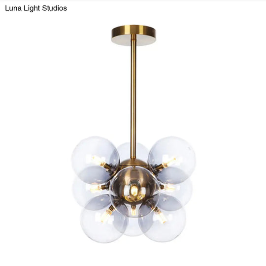 Minimalist Globe Semi Flush Ceiling Lamp - Gray/White/Red Glass 9 Lights Black/Brass/Chrome Brass /