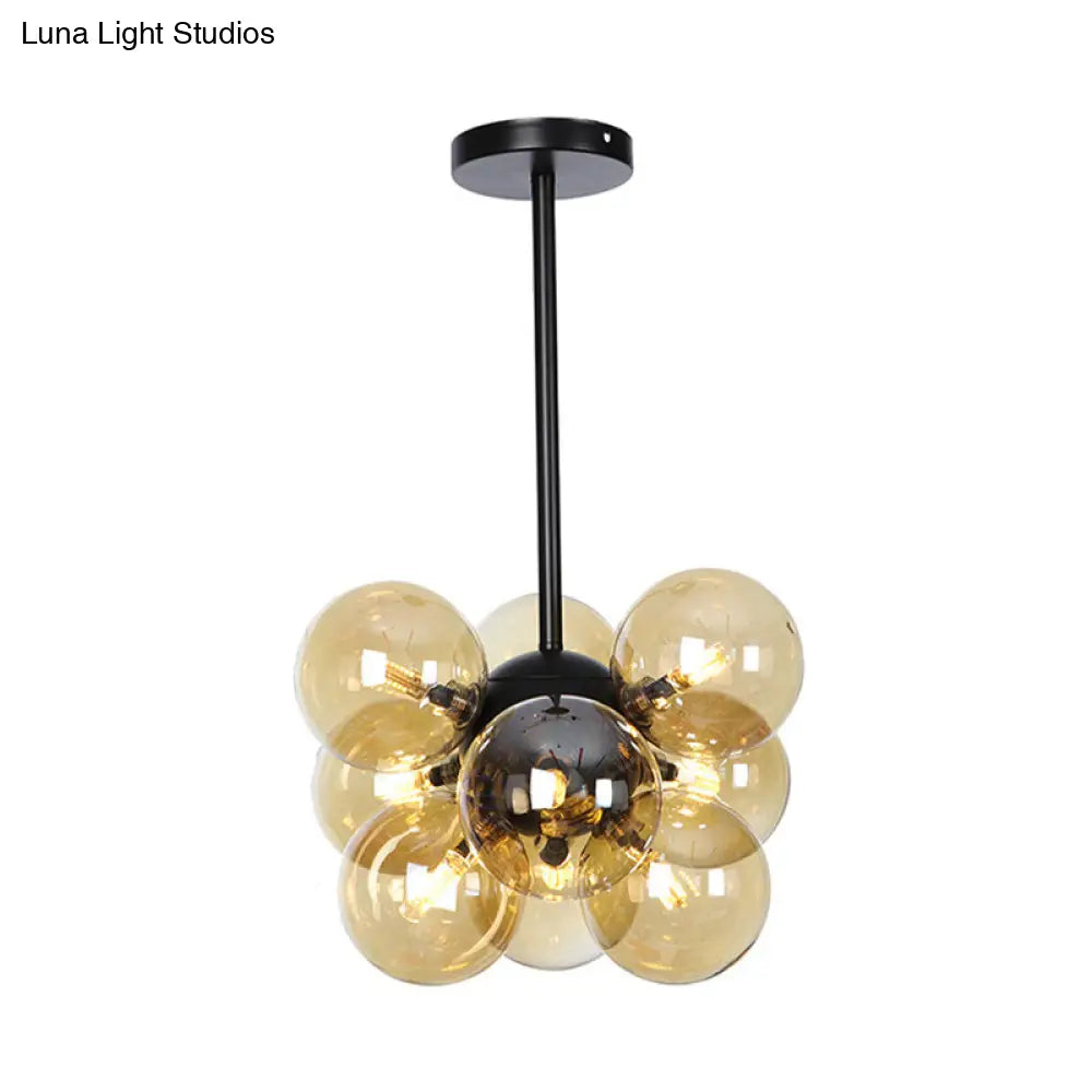 Minimalist Globe Semi Flush Ceiling Lamp - Gray/White/Red Glass 9 Lights Black/Brass/Chrome Black /