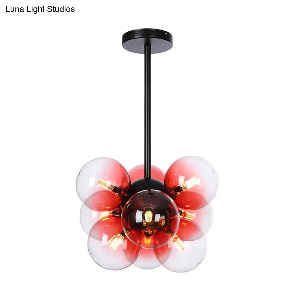 Minimalist Globe Semi Flush Ceiling Lamp - Gray/White/Red Glass 9 Lights Black/Brass/Chrome Black /