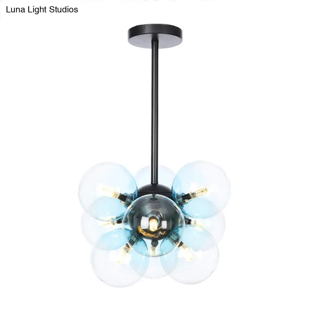 Minimalist Globe Semi Flush Ceiling Lamp - Gray/White/Red Glass 9 Lights Black/Brass/Chrome Black /