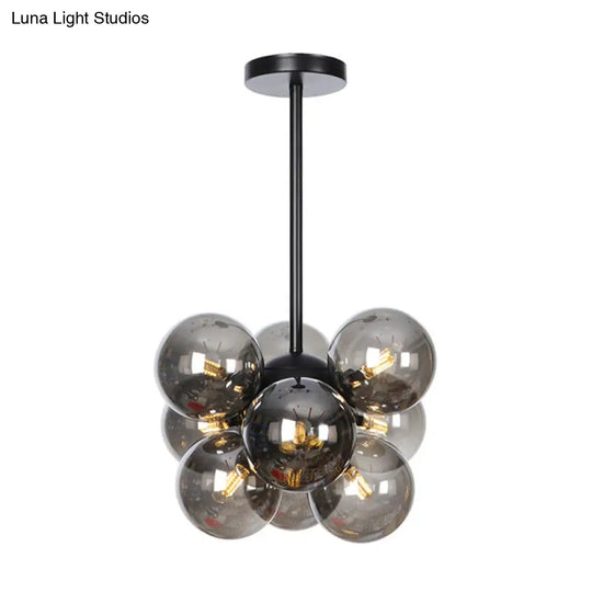 Minimalist Globe Semi Flush Ceiling Lamp - Gray/White/Red Glass 9 Lights Black/Brass/Chrome Black /