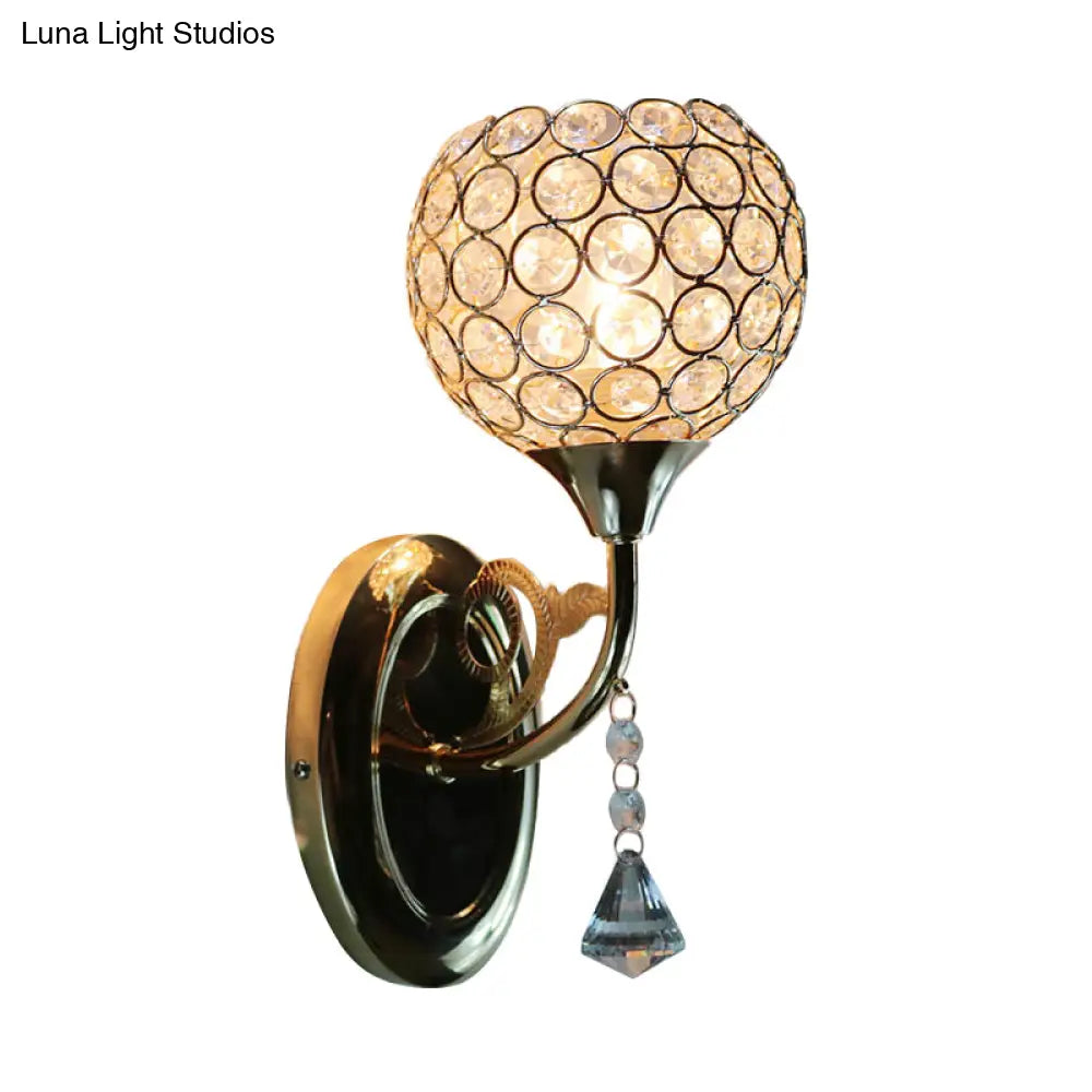 Minimalist Gold Bowl Wall Sconce Light: Opulent Crystal Inlaid Fixture For Bedroom 1 Bulb