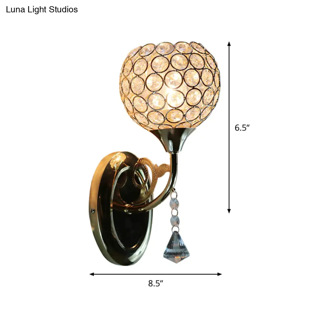 Minimalist Gold Bowl Wall Sconce Light: Opulent Crystal Inlaid Fixture For Bedroom 1 Bulb