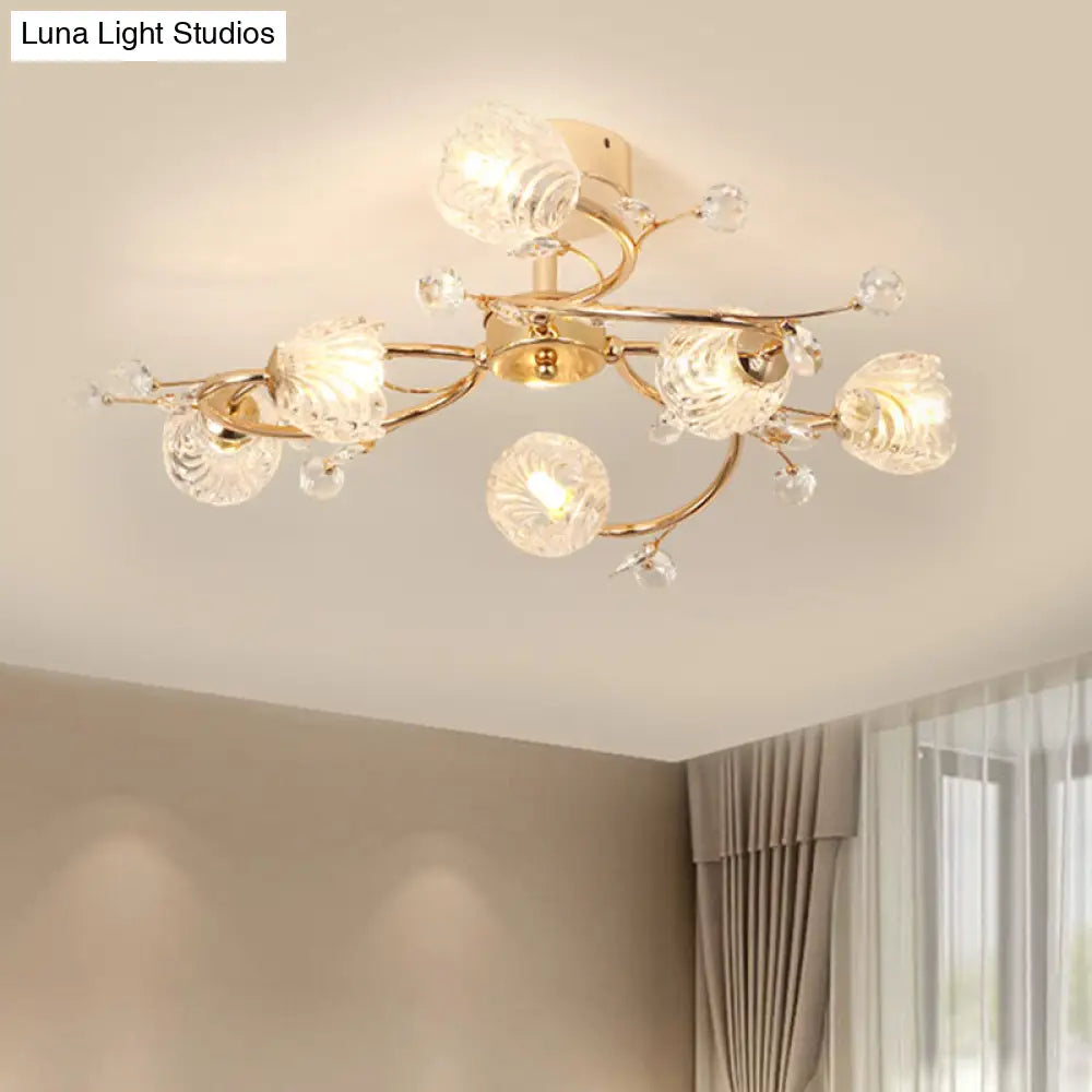 Minimalist Gold Ceiling Light Fixture With Bloom Clear Crystal Shade - 6 - Head Bedroom Semi Flush