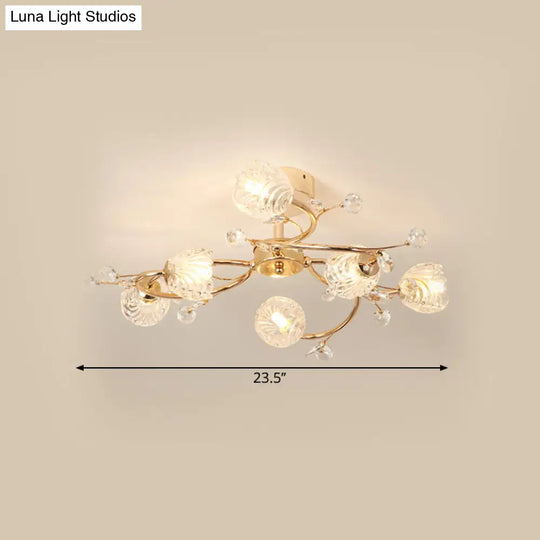 Minimalist Gold Ceiling Light Fixture With Bloom Clear Crystal Shade - 6-Head Bedroom Semi Flush